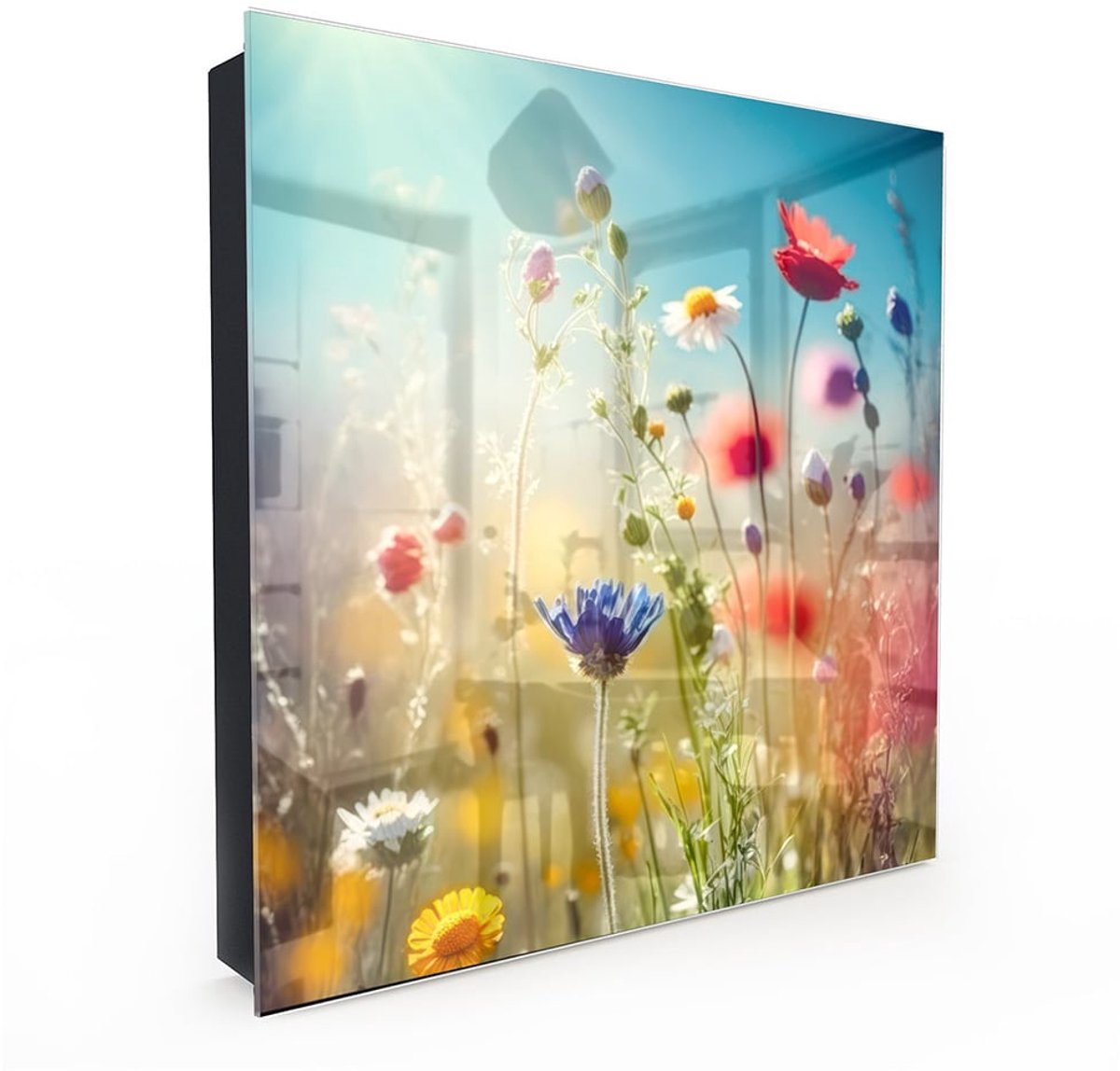 MyDesignGlas Sleutelkastje met Glazen Deur en Print – 50 Haken – 30x30x5 cm – Kleurrijke Wildbloemenweide – Metalen Sleutelkast – Zwart – Linksopenend