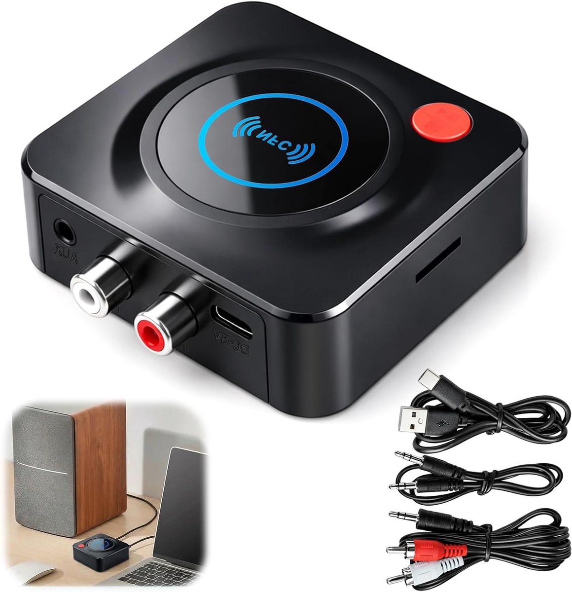 Bluetooth Audio Ontvanger - Draadloze Muziek Adapter - Muziek Streamen - Bluetooth 5.4 NFC - 10 Meter Bereik - Zwart