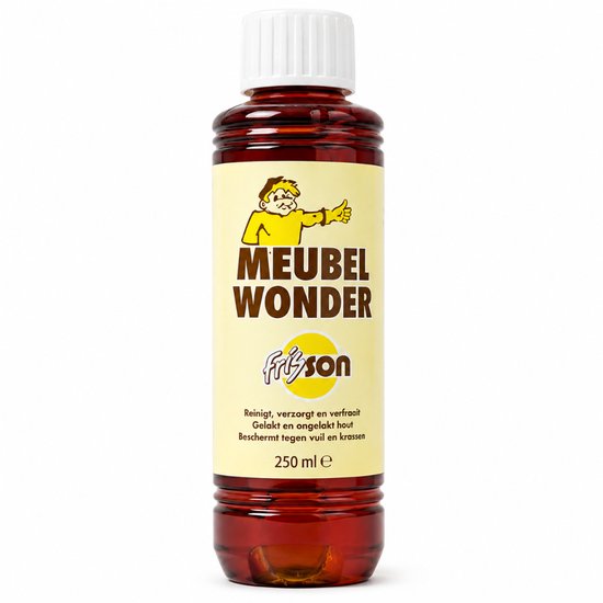 Fles Frisson Meubelwonder 250 ml met gele sticker en afbeelding van een man met duim omhoog.