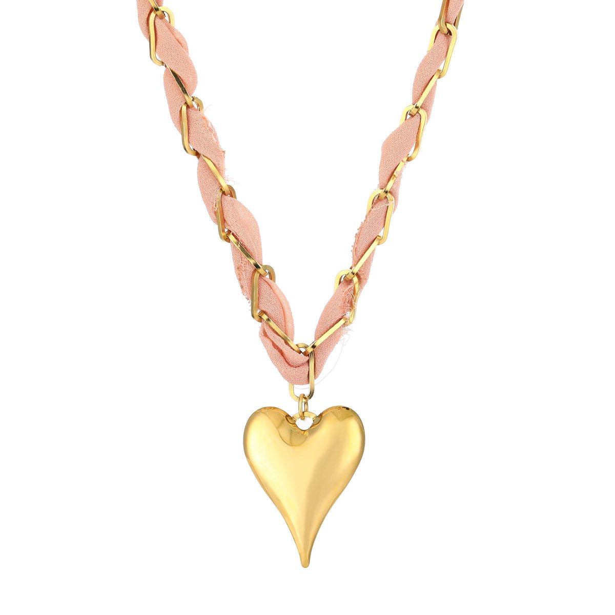 Woven Fabric Heart Pendant Chain Necklace – Stoffen Ketting met Hart – RVS - Roze