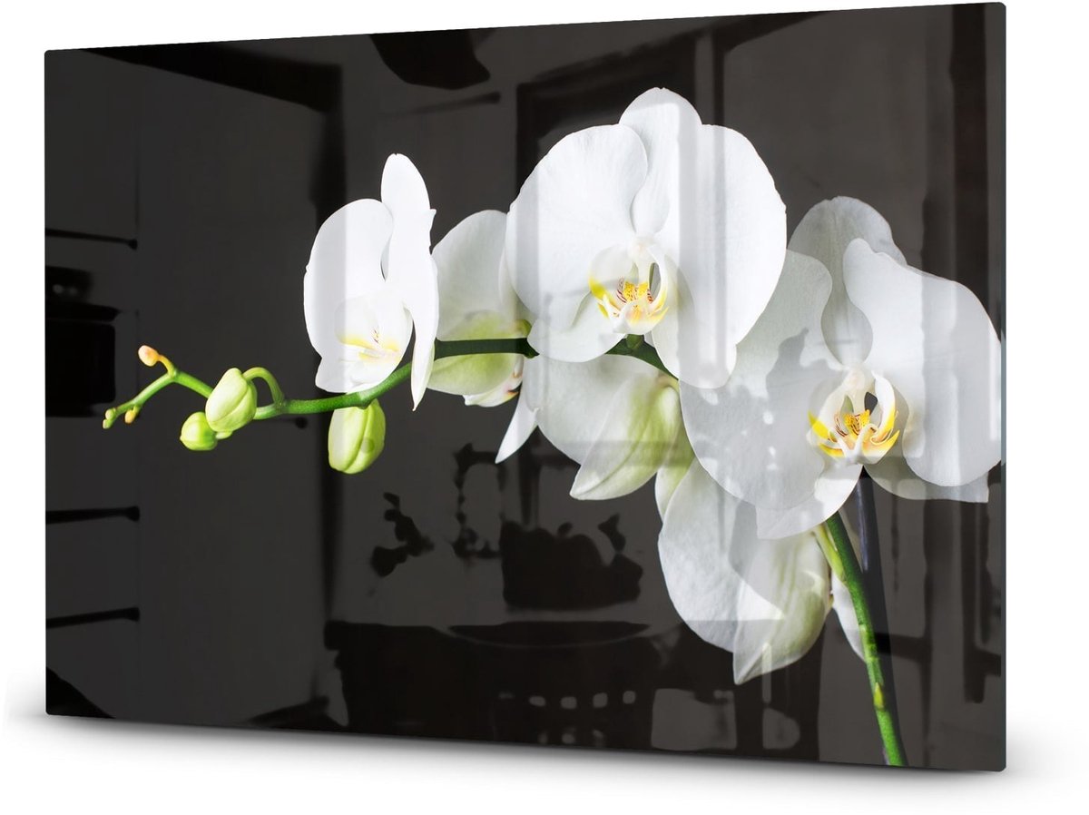 Mydesignglas Glazen Inductiebeschermer - Krasvrij Gehard Glas met Antislip - Afdekplaat Kookplaat - 80x52 cm - Witte Orchideen