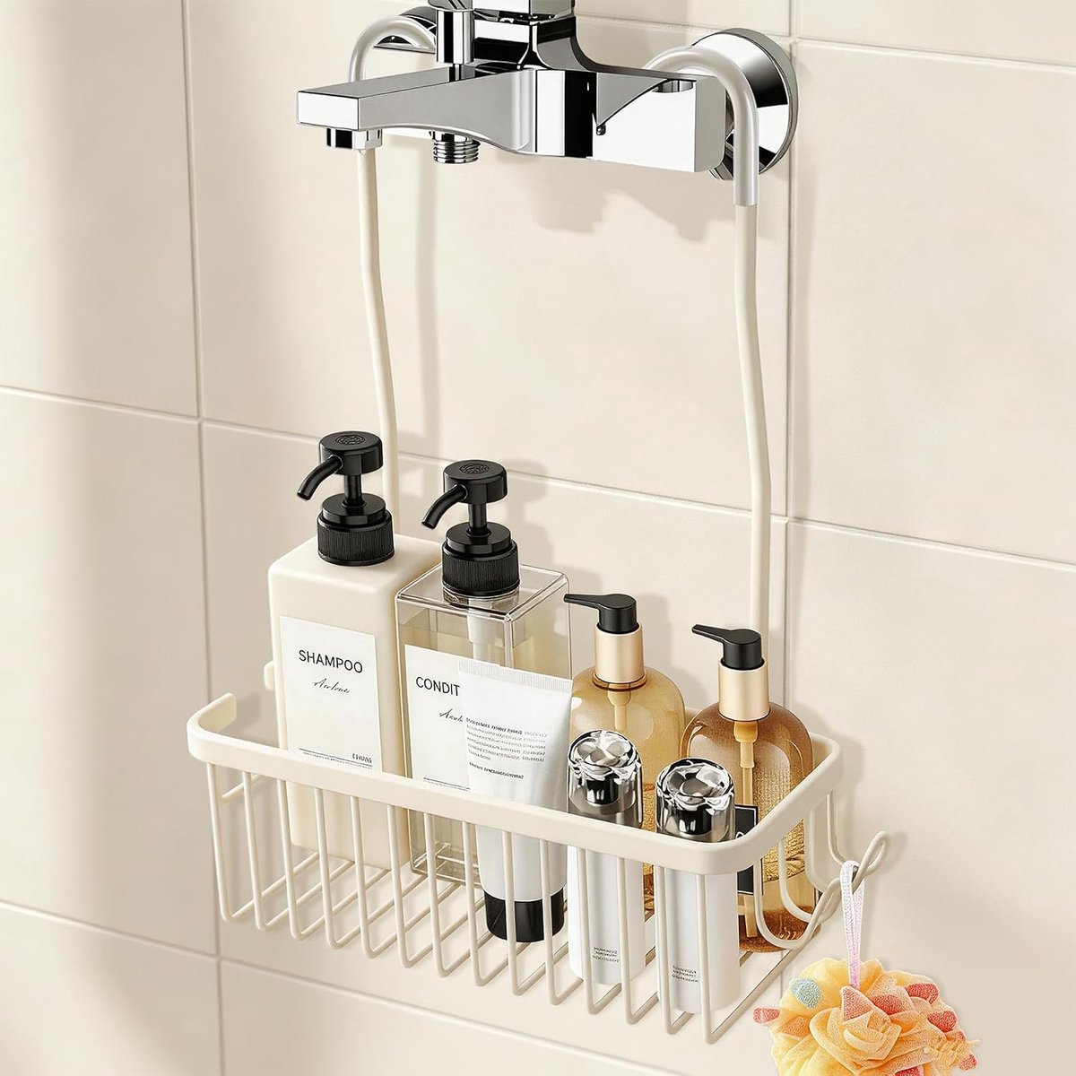 Doucheplank zonder boren, shampoo-houder om op te hangen van aluminium, badkamerorganizer om op te hangen aan de kraan, beige