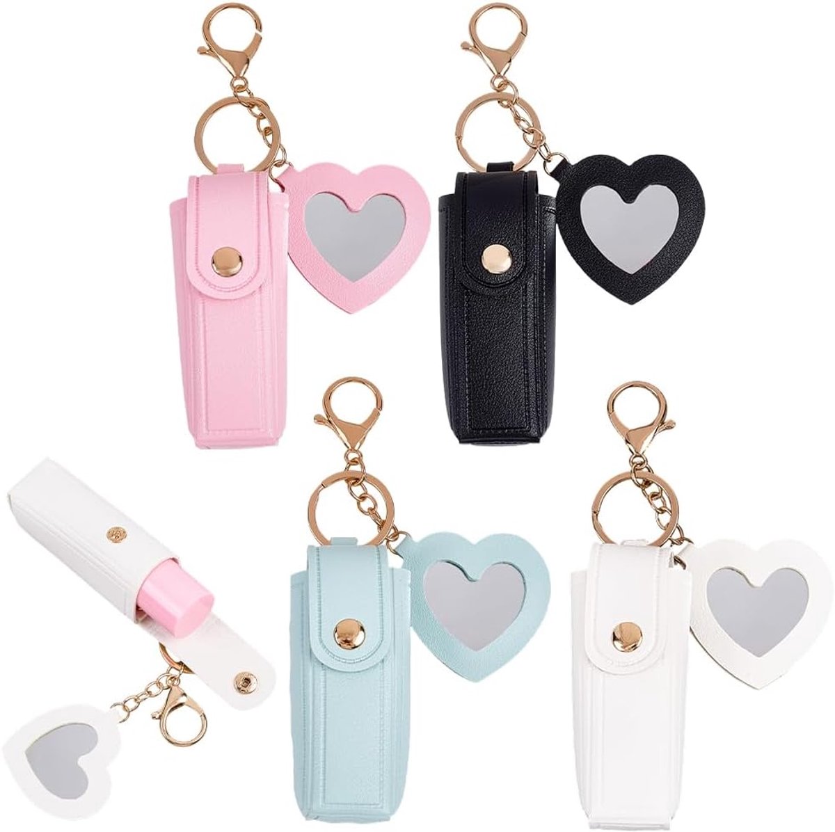 4x Lippenstift houder - Lippenstiftdoosje - Lipstick houder - Met spiegel - Sleutelhanger - Etui voor lipgloss - Etui voor hoesje - Opbergdoosje voor lippenstift - Draagbaar make-updoosje - Geschikt voor het opbergen van make-up onderweg - PU-leer