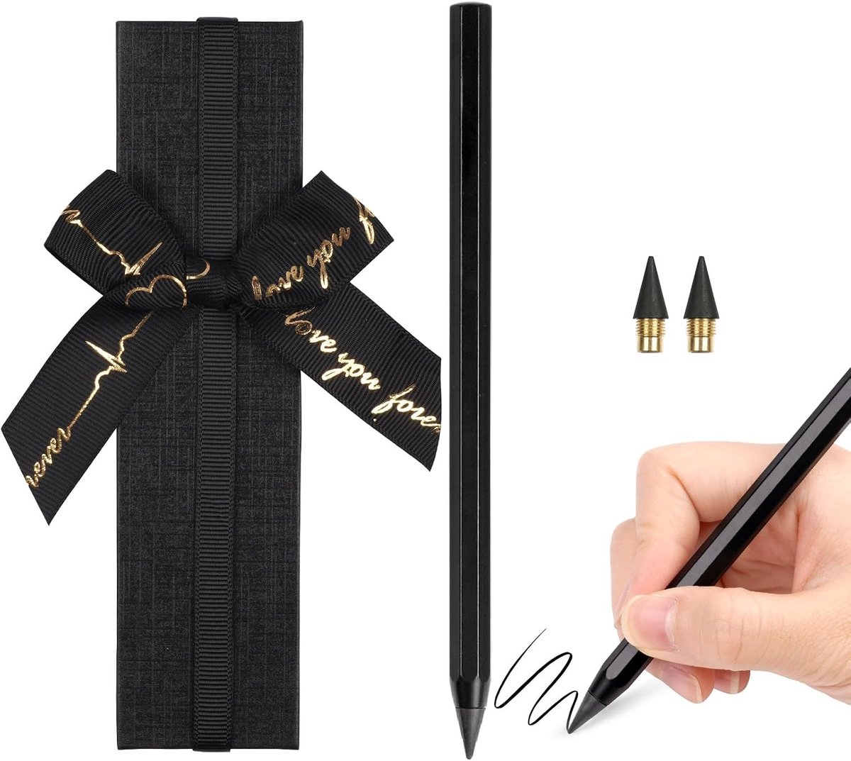Metalen Inktloos Potlood Forever, Zwart Oneindig Potlood Met 2 Verwisselbare Punten En 1 Geschenkdoos, Geschikt Voor Kinderen Vanaf 3 Jaar En Potloden Voor Volwassenen