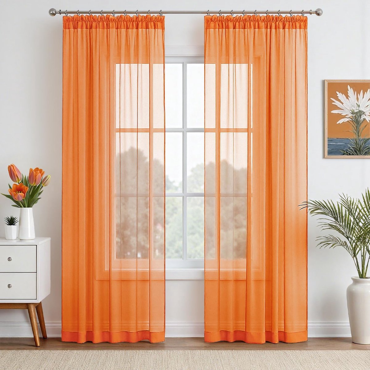 Gordijnen met Rimpelband Transparante Gordijn van Eenkleurig Transparant Sheer Voile Luchtige Deco-gordijn voor Slaapkamer en Woonkamer, Set van 2, 225 x 140 cm (H x B), Oranje
