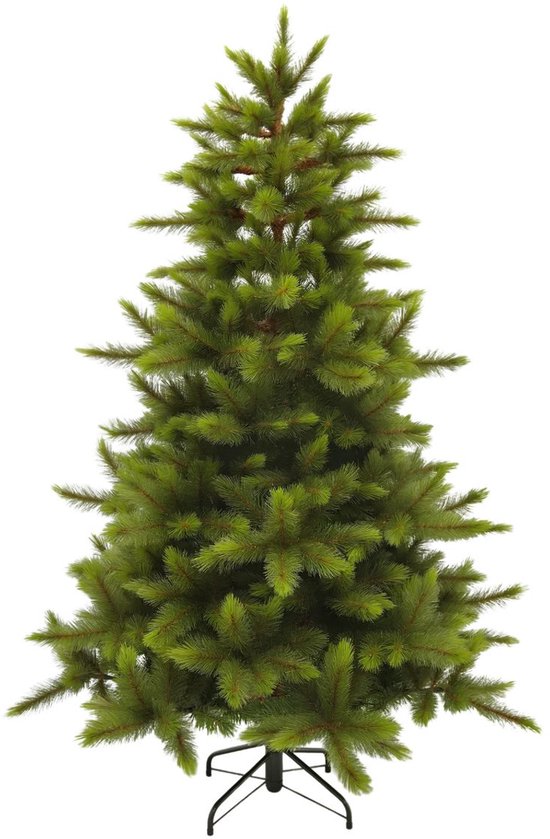 Triumph Tree kunstkerstboom met natuurlijke uitstraling, 155 cm hoog, op een metalen voet.