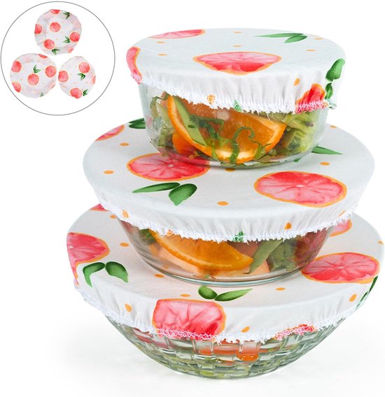 3 Stuks-fruit Voedselkap- Voedselafdekking- Vliegenkap -Afdekhoezen voor Voedsel -Afdekhoezen voor Gistmand -herbruikbare komdeksels - Elastische Rand-stoffen komdeksel-Deegrijzing Opslag-Geschikt voor borden, kommen en bakjes-Bescherm je eten — afbeelding 4