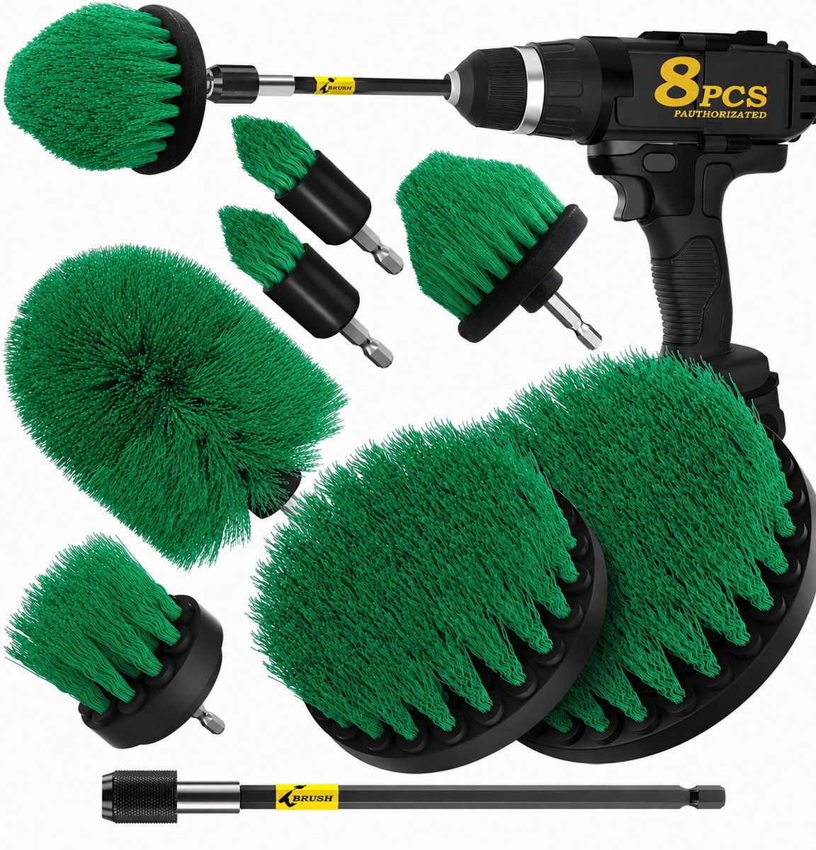 BOTC Boorborstel Set 8 Stuks - Schoonmaakborstels voor Boormachine met Verlengstuk - Tegelborstel, Voegborstel, Badkamer-, Douche-, Badkuip- en Vloerreiniging - Groen