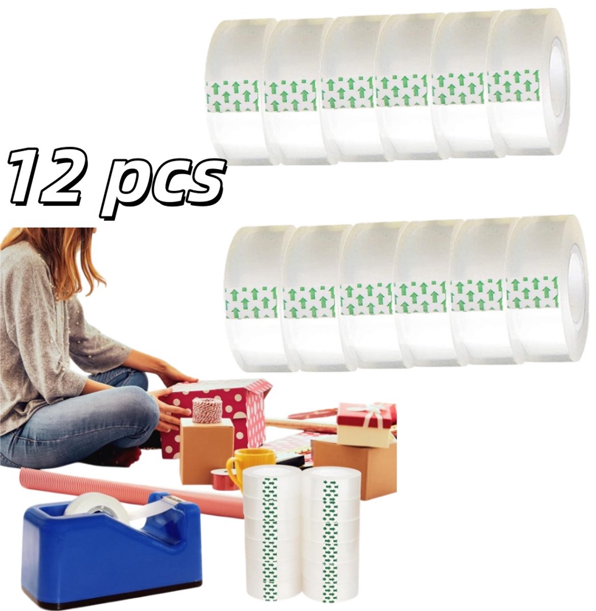 12 rollen - Transparante tape - Dik en duurzaam - Verpakkingstape - Kantoortape - 1,8 cm * 30 meter - Voor kantoor, thuis, school en dagelijks gebruik - Transparant