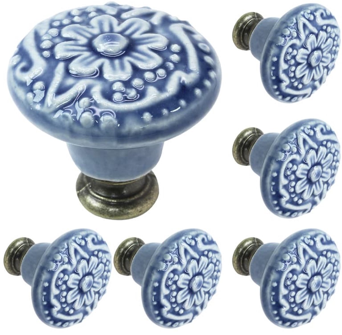 Zes lichtblauwe, ronde, decoratieve ladeknoppen en -grepen in vintage-stijl, geschikt voor kasten, lades en dressoirs.