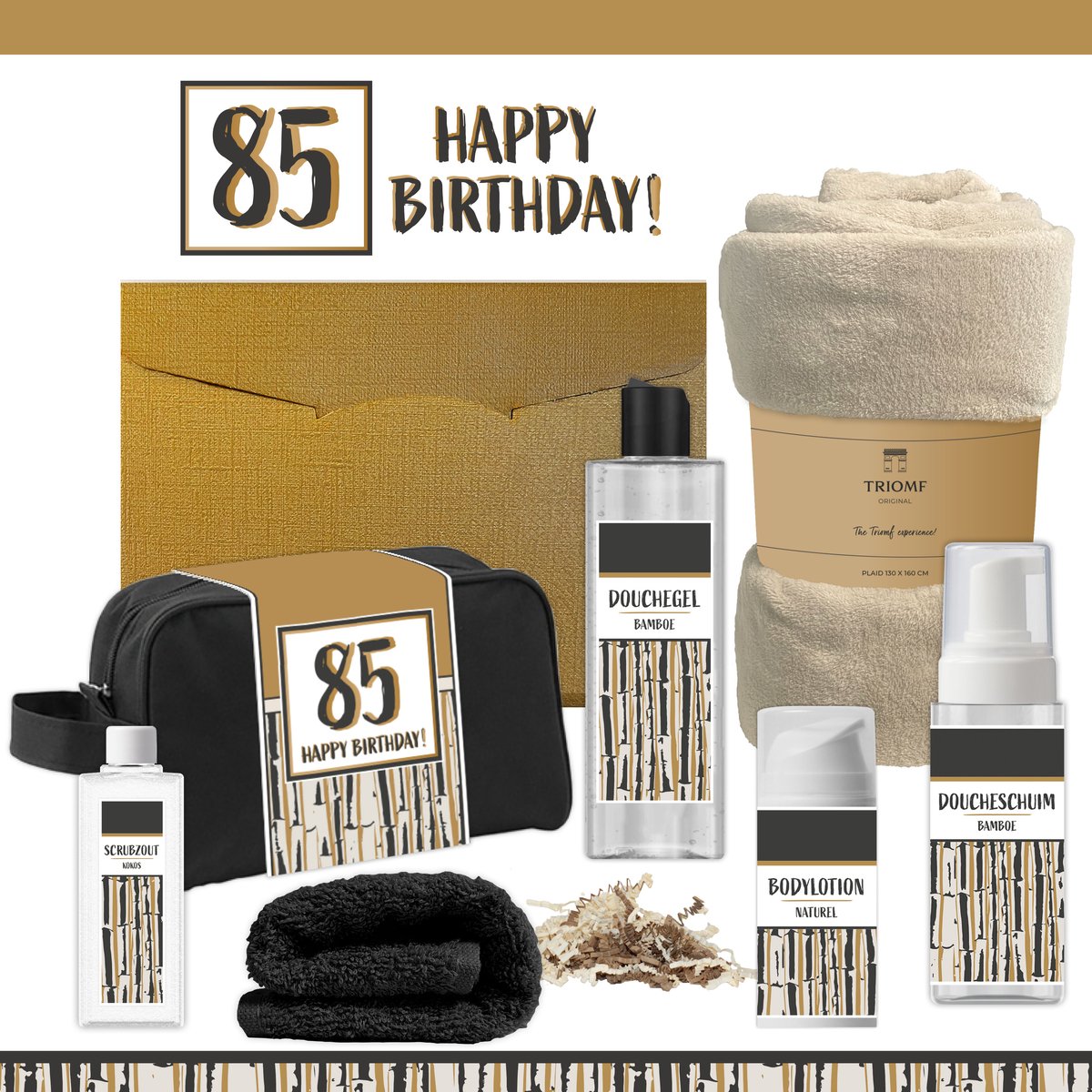 Geschenkset “85 Happy Birthday!” - 7 producten - 1390 gram | Giftset voor hem Vader Papa Vijfentachtig jaar Cadeau Luxe Wellness Pakket Man Speciaal Cadeaupakket Doos Handdoeken Fleecedeken Geschenk Cadeaudoos Verjaardag Vriend Gift Douche Beige Goud
