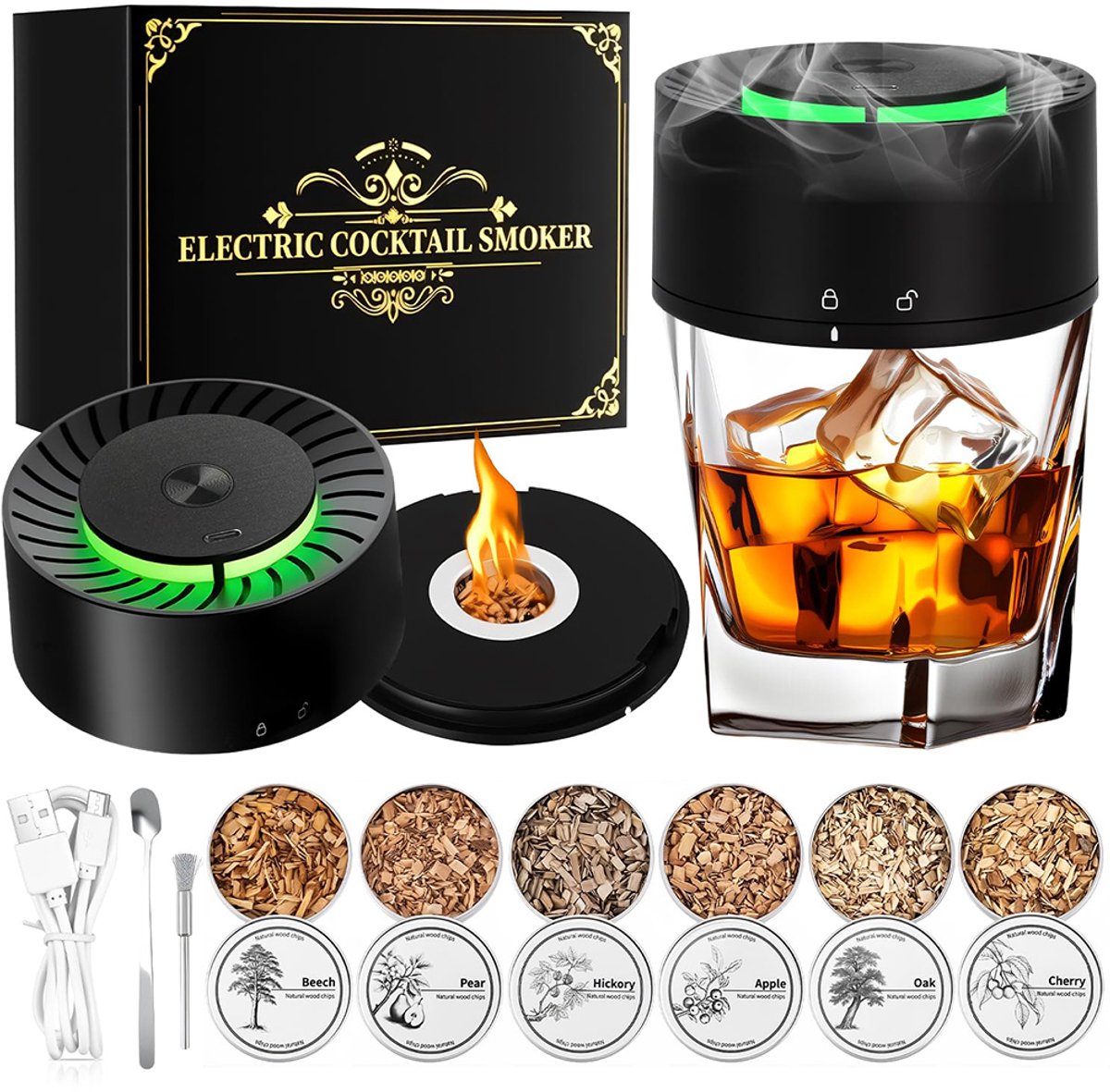 Whiskey rookoven - 9,5 x 9,5 x 6,1 cm - Cocktail rookset - Elektrische whisky rookoven - Geen open vlam - Met sfeerverlichting - Verlicht model