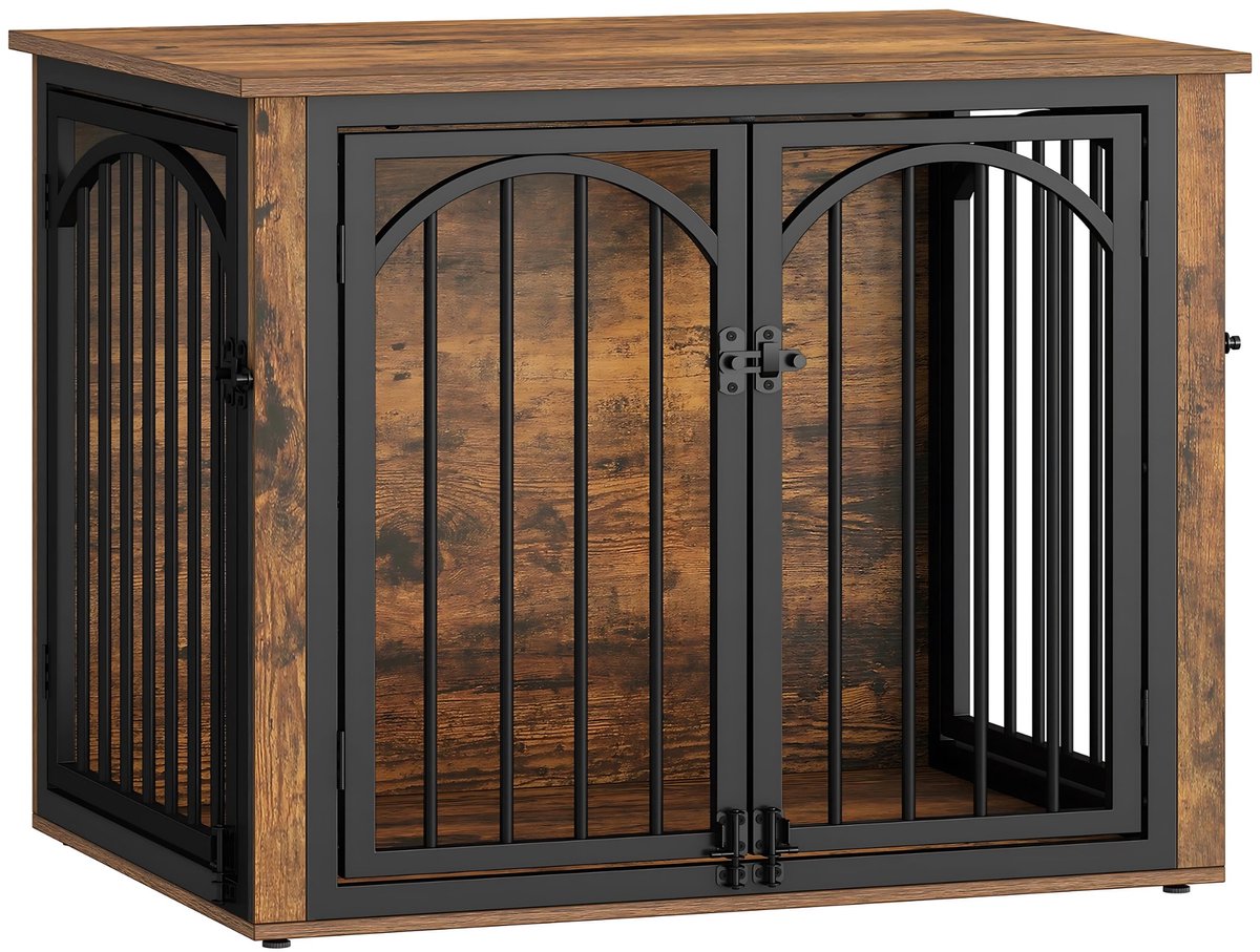 Hondenbench Meubel – Voor Kleine & Middelgrote Honden – 80 cm Houten Hondenbench met 4 Deuren, Bijzettafel – Vintage Bruin/Zwart