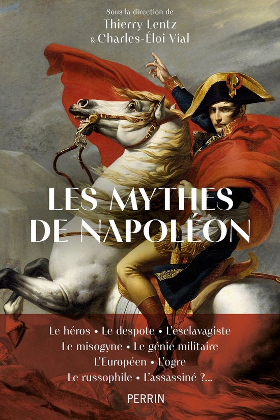 Boekomslag 'Les Mythes de Napoléon' met een schilderij van Napoleon te paard, gekleed in een rood tenue met een witte hoed.
