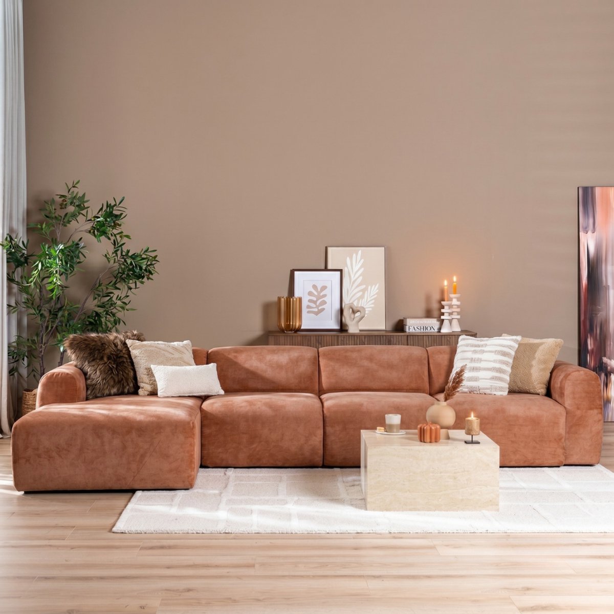 Bronx71® Hoekbank Maine XL gemêleerde stof terracotta links