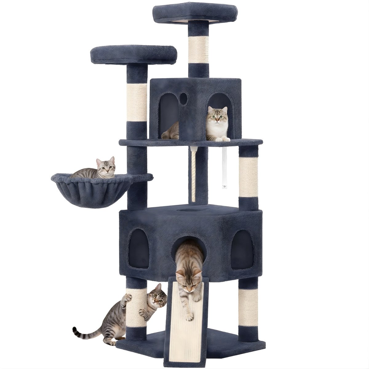 Kattenboom – Voor Binnenkatten – 174 cm XL Kattenboom met 2 Platforms, 2 Holletjes, 4 Krabpalen, 1 Krabplank en Sisaltouw – Voor Meerdere Katten – Donkergrijs