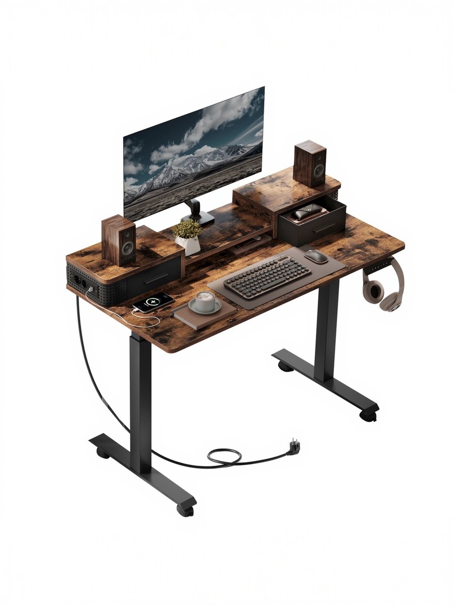 In hoogte verstelbaar sta bureau – 120 x 60 cm – met monitorstandaard en laadstation – Bruin