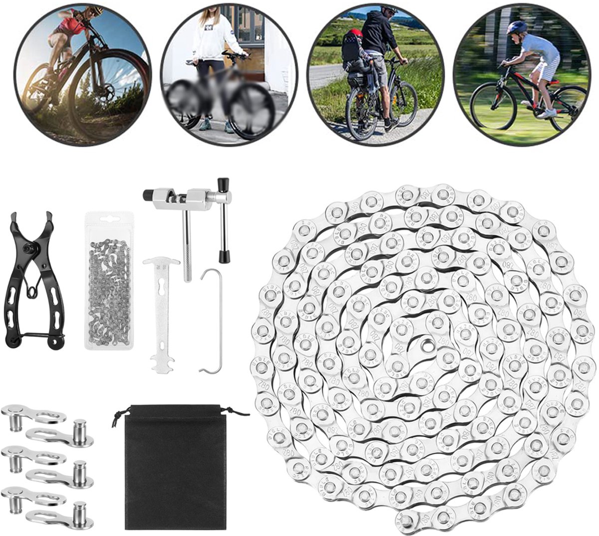 Fietsketting- En Reparatieset – Hoogwaardig Roestvrij Staal 6/7/8 Versnellingen Roestwerend Inclusief Kettingpons Haak Handschoenen En Draagtas