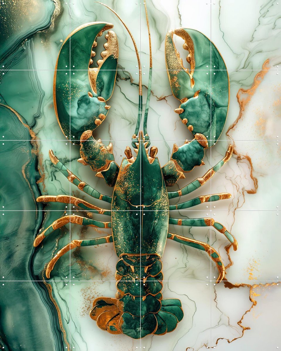 IXXI Lobster Marble Green, OTTI - 80 x 100 cm - Gratis ophangtool - Grote wanddecoratie en posters - Speels, Keuken, Woonkamer, Eetkamer, Zeevruchten