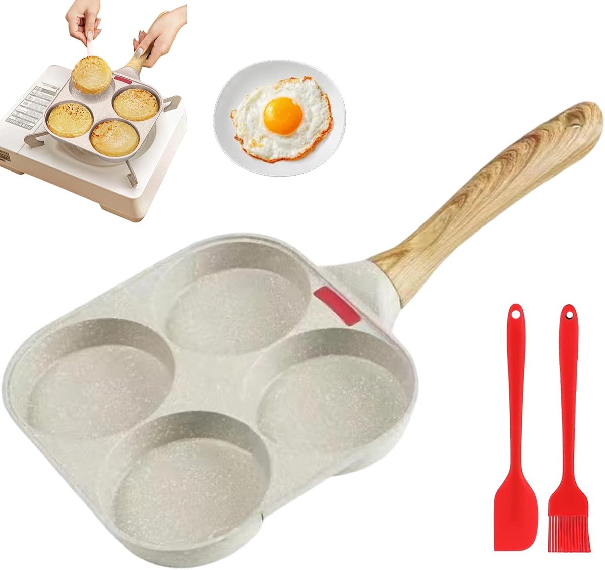 KZQ Anti aanbak koekenpan 4 vakken voor eieren en pannenkoeken, geschikt voor alle warmtebronnen, gezond koken zonder PTFE, PFOA en PFAS, ideaal voor kamperen en dagelijks gebruik