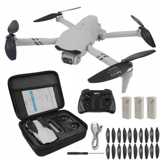 Witte drone, opvouwbaar, met F10 aanduiding, controllers, reservebatterijen, propellers en draagtas.