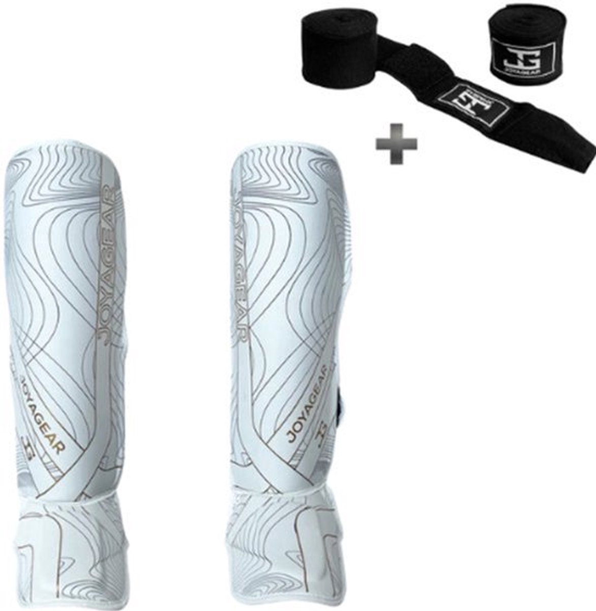 Joya ESSENTIAL Scheenbeschermers – Kickboksen/Muay Thai/MMA – Wit/Goud – Maat M – Ergonomische pasvorm, schokabsorberende padding – Inclusief Bandage