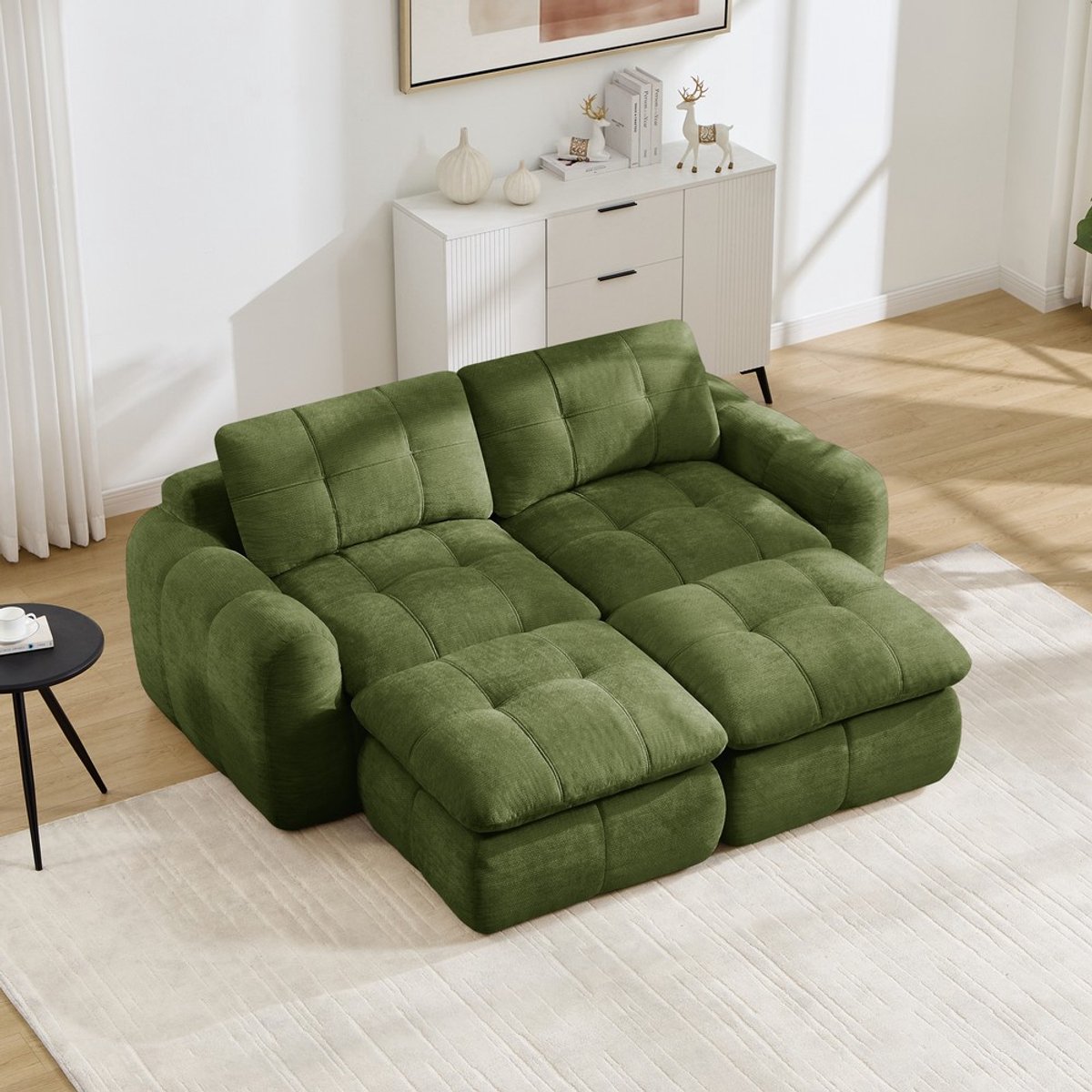 Pugsdrly 2-zits frameloze Wolken-modulaire bank, ruitvormig stikpatroon, chenille-bekleding, brede en diepe zitvlakken, vrij combineerbaar, montagevrij met 2 voetenbankjes voor woonkamers en appartementen, groen
