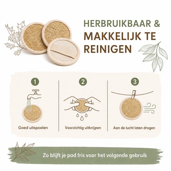 Drie ronde loofah scrub pads. Illustratie van reinigen: afspoelen, uitknijpen, drogen aan de lucht.