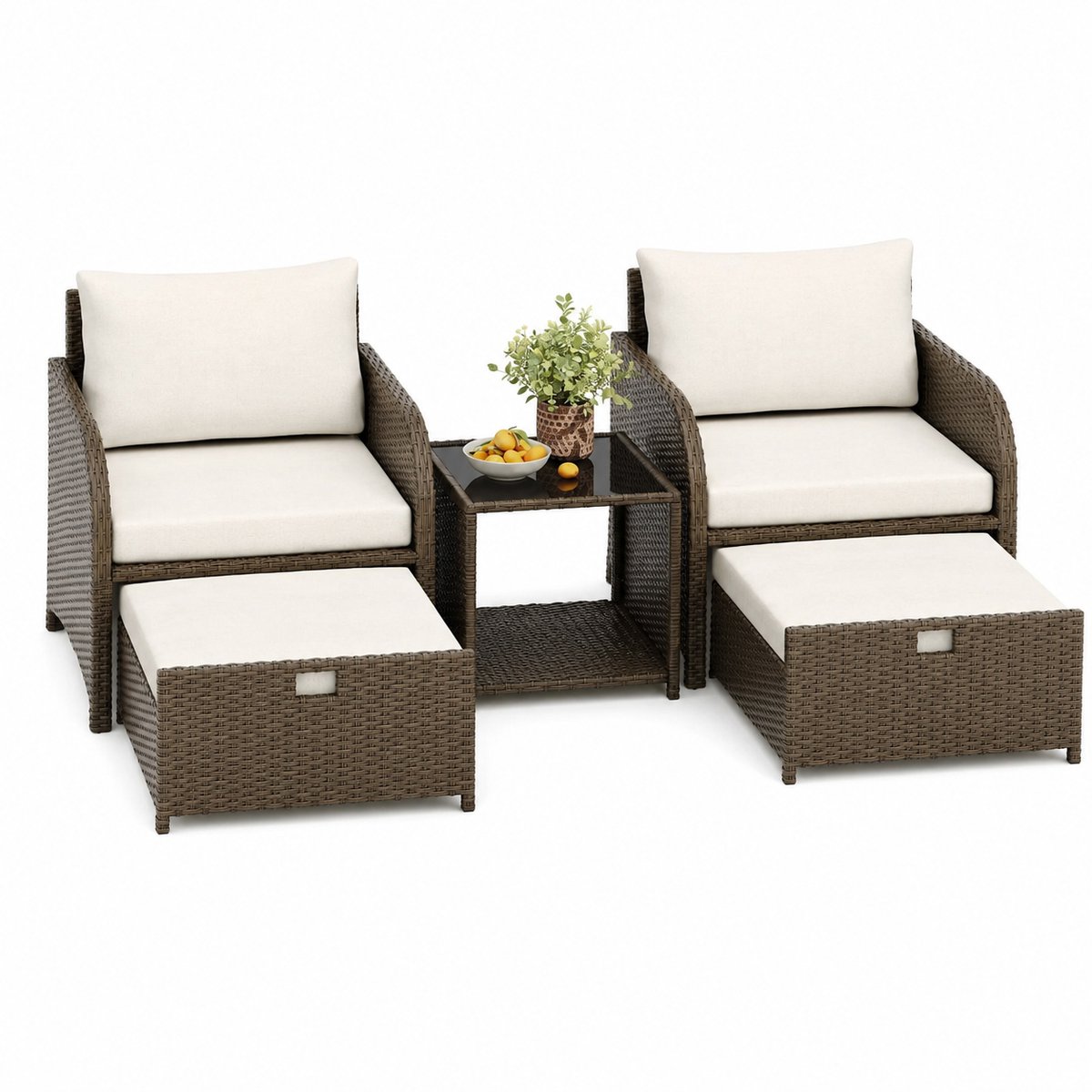 DeltaMerch Tuinset - Tuinmeubelen - Loungeset 2 persoons - Weerbestendig - Incl. voetenbankjes, tafel en kussens - Beige - Taupe
