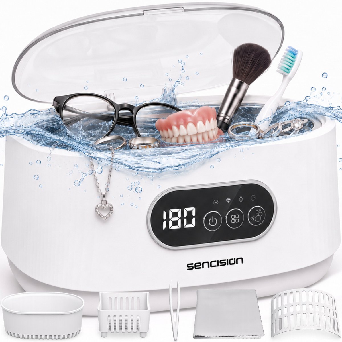 Sencision Ultrasoon Reiniger 660 ml met Ontgasfunctie - Sieraden Reiniger - Brillenreiniger - Kunstgebit Reiniger - 5 Timerstanden - RVS Tank - Wit