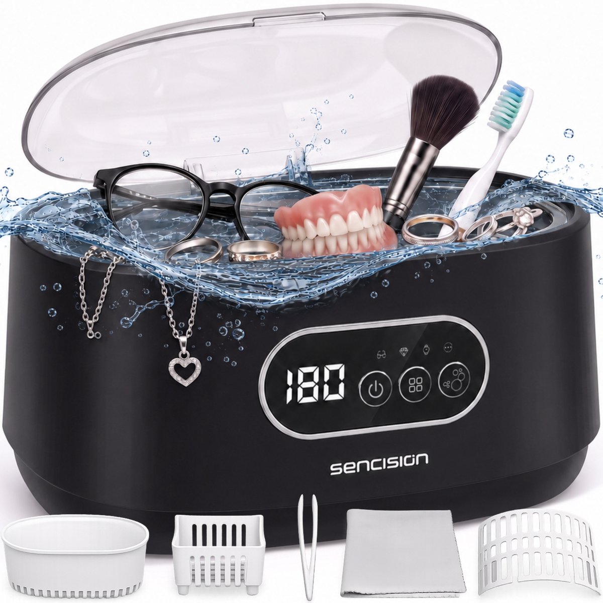 Sencision Ultrasoon Reiniger 660 ml met Ontgasfunctie - Sieraden Reiniger - Brillenreiniger - Kunstgebit Reiniger - 5 Timerstanden - RVS Tank - Zwart
