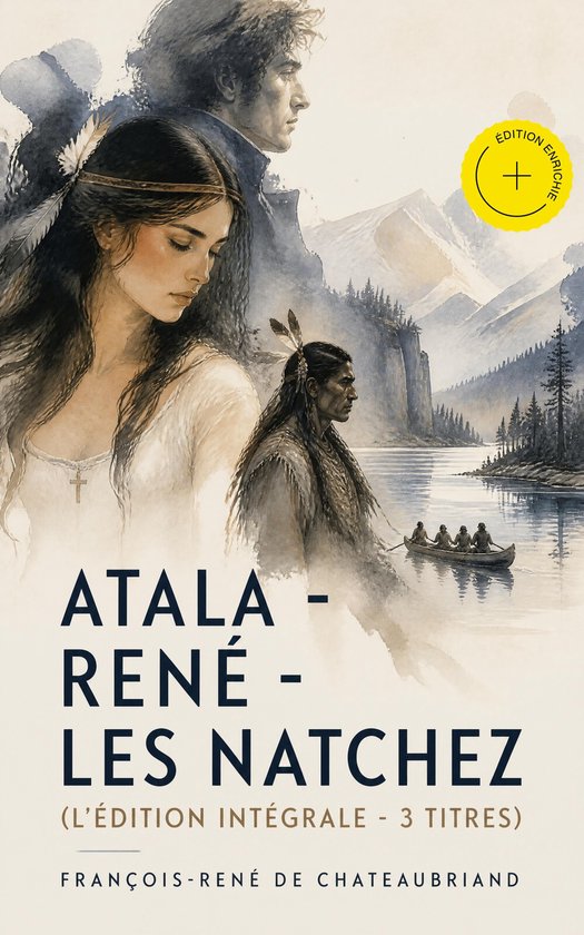Couverture du livre 'Atala - René - Les Natchez' avec une aquarelle d'Amérindiens près d'un lac.