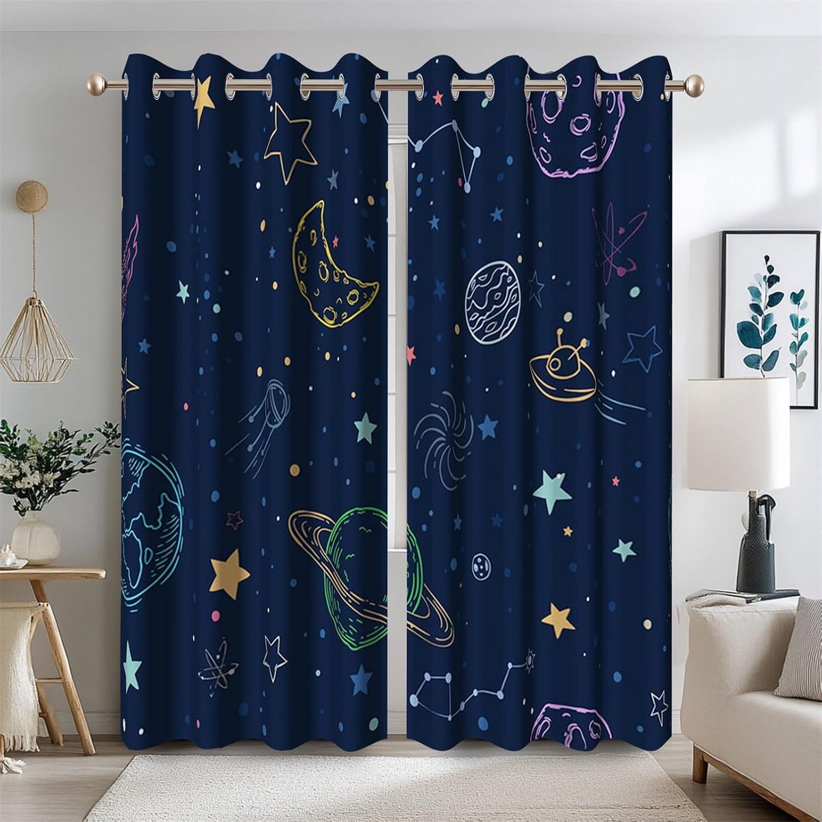 Marineblauwe Ruimte Verduisterende Gordijnen Cartoon Sterren Planeten Thema Galaxy Gordijnen voor Kinderen Slaapkamer Buitenruimte Gordijnen