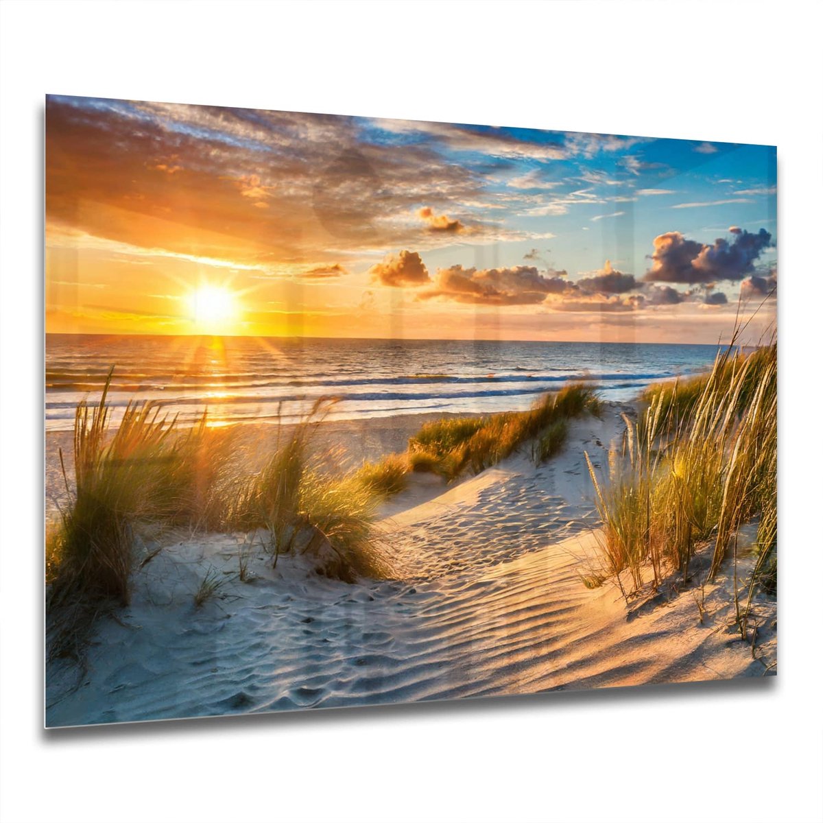 Mydesignglas Keuken Spatscherm 60x40 cm – Gehard Glas – Zonsondergang bij Duinen – Blauwe Geel– Achterwand Kookplaat – Spatwand Fornuis – Glazen Muurbeschermer