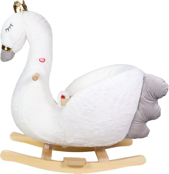 Witte schommelswaan met gouden kroon, grijze staart en zitje, met drukknopje op de nek.