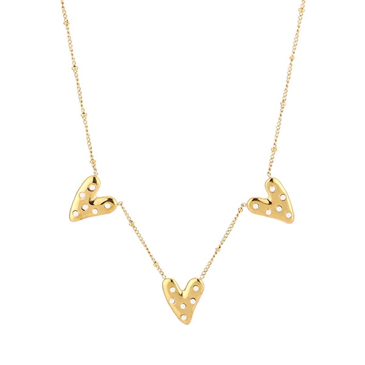 Pearl Studded Heart Charms Satellite Chain Necklace – Hartjes met Parels Ketting – RVS - Goud