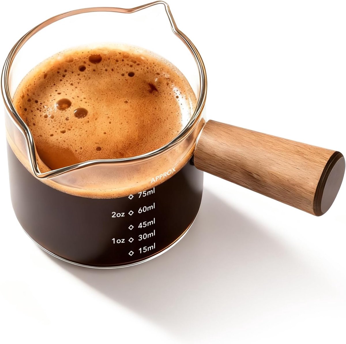 Glazen espresso-maatbeker (ca. 75 ml) met V-tuit en handvat | Borosilicaatglas, nauwkeurig schenken, hittebestendige greep, nauwkeurige maatverdeling (dubbele schaal), eenvoudig af te spoelen en te reinigen.