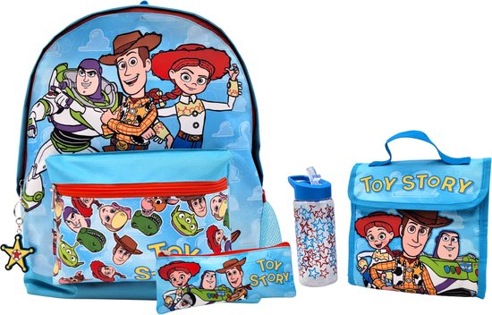Toy Story 5-delige set: rugzak, lunchtas, drinkfles en etui met Woody, Buzz en Jessie.