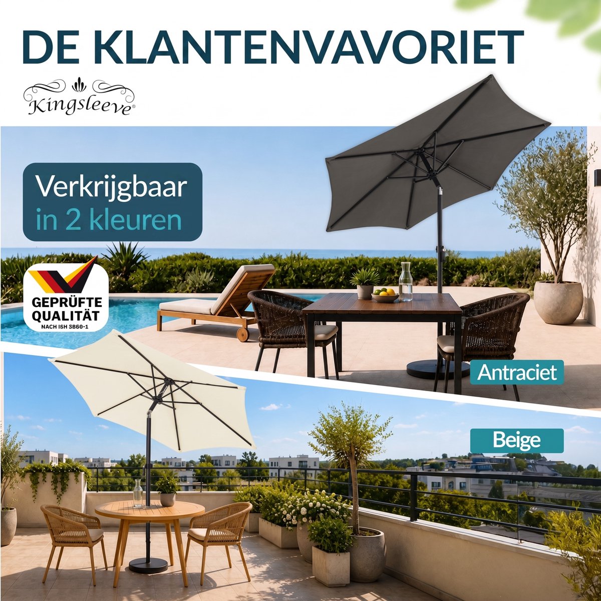 Kingsleeve Parasol 200cm - met Zwengel en Kantelmechanisme - Beige – foto 3