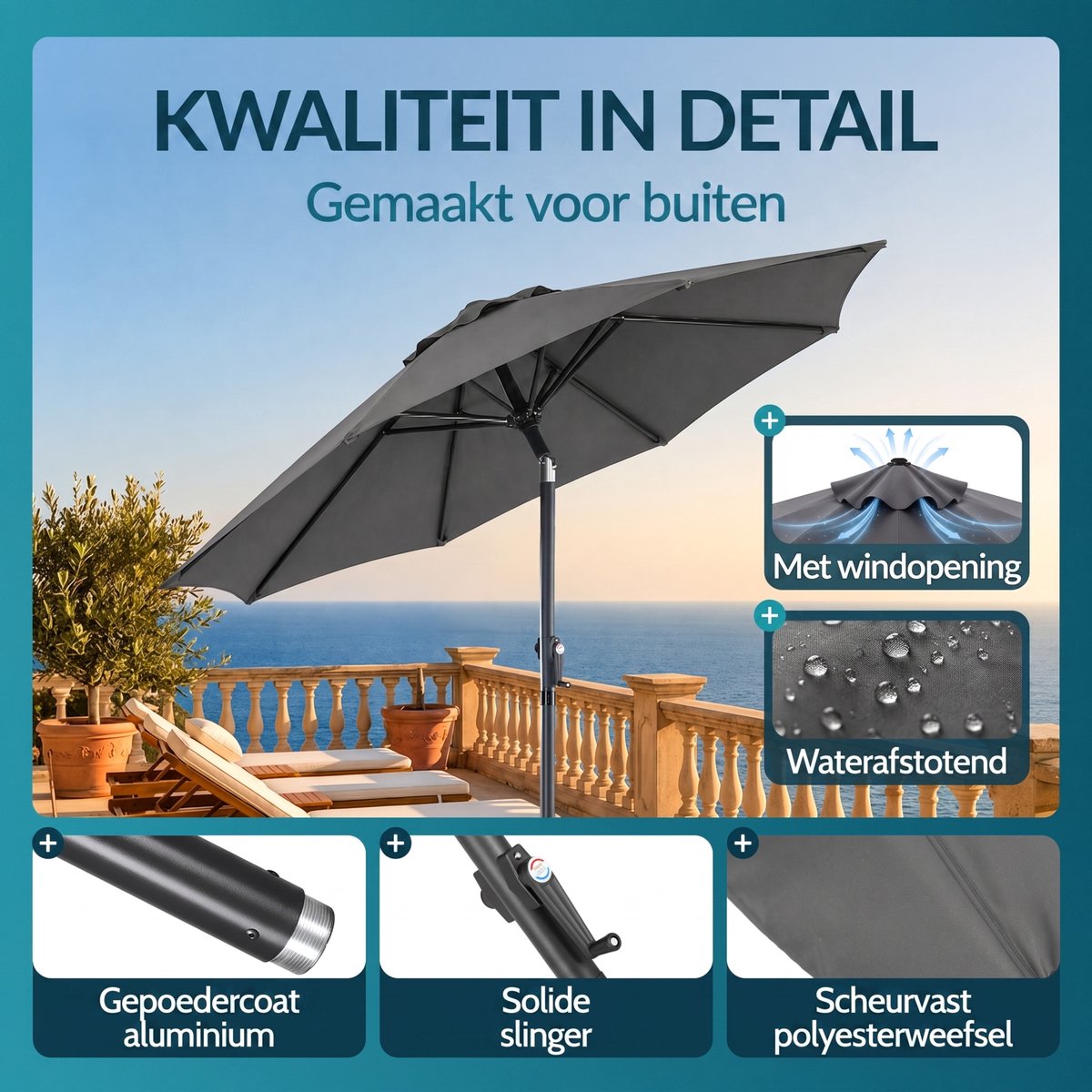 Kingsleeve Parasol 200 cm - Zwengel & Kantelmechanisme - Antraciet – foto 3
