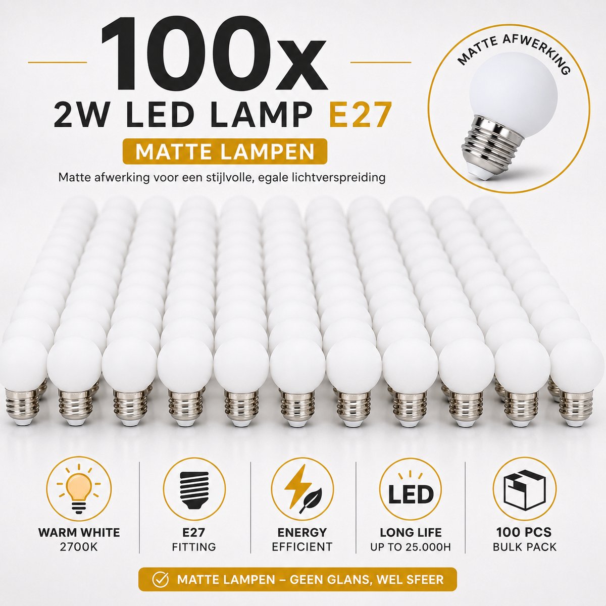 100st Led kogellamp - 2W E27 Warm white 2700K - Matte kap - Dimbaar - IP21