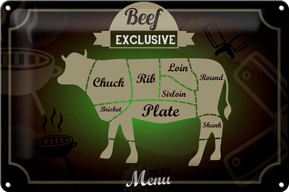 Blechschild Fleisch 30x20cm Schnitte Beef exklusive Menü