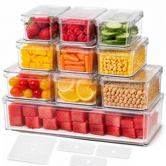 10-delige Koelkast Opbergdozen Set met Drainagefilterplaat – BPA-vrij Transparante Vershouddozen in 3 Maten 500ml 1600ml & 4500ml – Stapelbaar Koelkastorganizer voor Groenten Fruit & Maaltijdprep – Voedselveilig PET PP Filterplaat & TPR Siliconen Dop