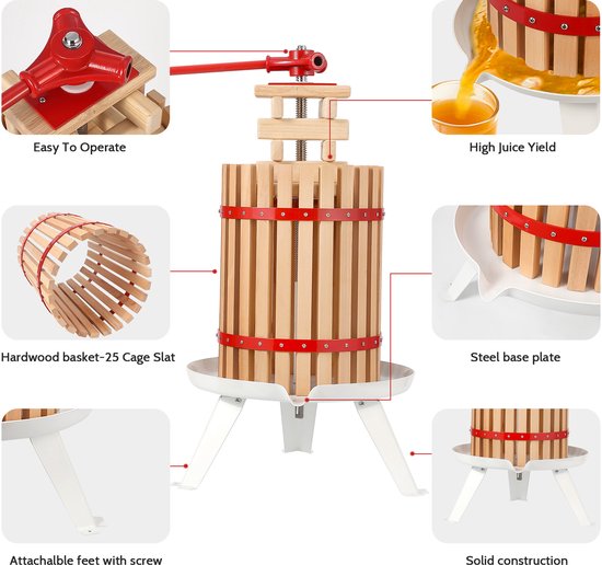 Fruitwijnpers Appelmolen Handmatige pers Wijnbereiding 18L met Houten Mand van Triumpunpre — afbeelding 2