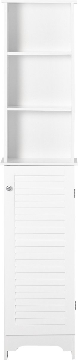 Badkamerkast, hoge kast, badkamerkast met 3 open vakken, 1 lade en 2 verstelbare planken, badkamerkast voor badkamer, woonkamer, keuken, MDF, wit