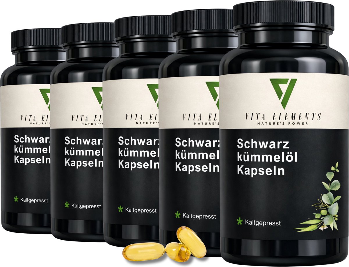 Vita Elements Zwarte Komijnolie Capsules (Nigella Sativa) met Vitamine E - Koudgeperst - GGO-vrij - 400 Capsules - Voedingssupplement voor Weerstand Set van 5