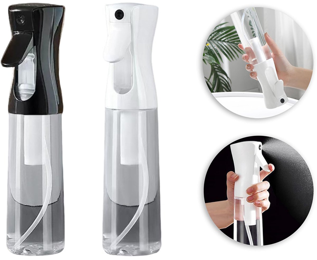 2-stuks Continu spuitfles - Stylingsprayfles - Ultrafijne sprayfles - Fijne nevelverstuiver - Sprayfles - 24*6 cm - 300 ml - Geschikt voor styling, huisdieren, planten, haarverzorging, enz. - Zwart, wit,transparant