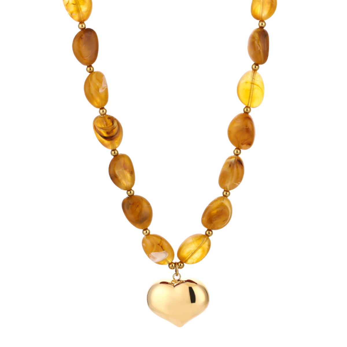Gevormde Kralenketting met Hart Hanger – Kralen Ketting met Hart – RVS - Bruin