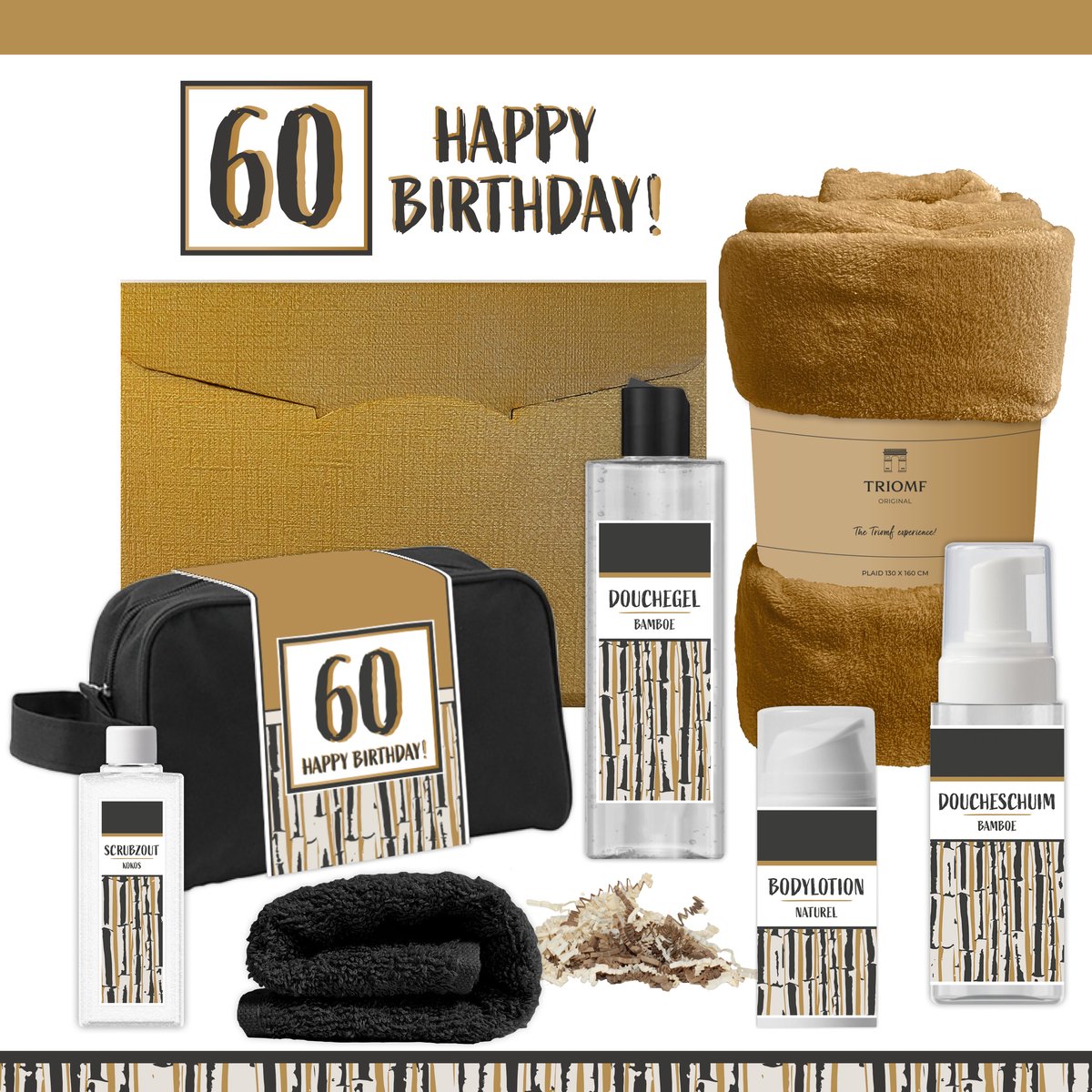 Geschenkset “60 Happy Birthday!” - 7 producten - 1390 gram | Giftset voor hem Vader Papa Zestig jaar Cadeau Luxe Wellness Pakket Man Speciaal Cadeaupakket Doos Handdoeken Fleecedeken Geschenk Cadeaudoos Verjaardag Vriend Gift Set Douche Goud