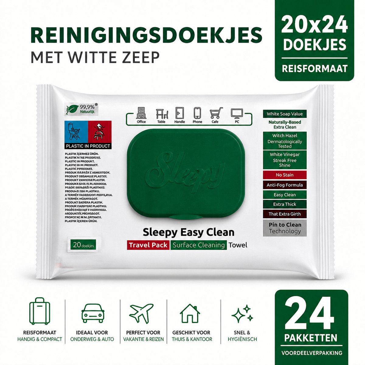 Sleepy Easy Clean Travel Pack Schoonmaakdoekjes Witte Zeep 24 x 20 Stuks (480 Doekjes) – Vochtige Reinigingsdoekjes voor Thuis, Auto, Camping & Reizen